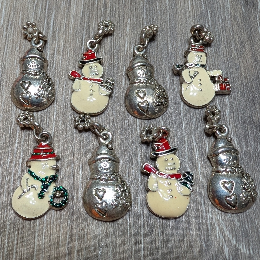 Enamel & Silver Tone Snowman Charms - Cream, Red, Green